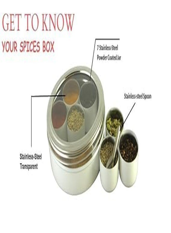 VOMI Stainless Steel Masala Container for Kitchen Storage - Spice Organizer Box/Dabba With 7 Container and Small Spoon (White) - Image 2