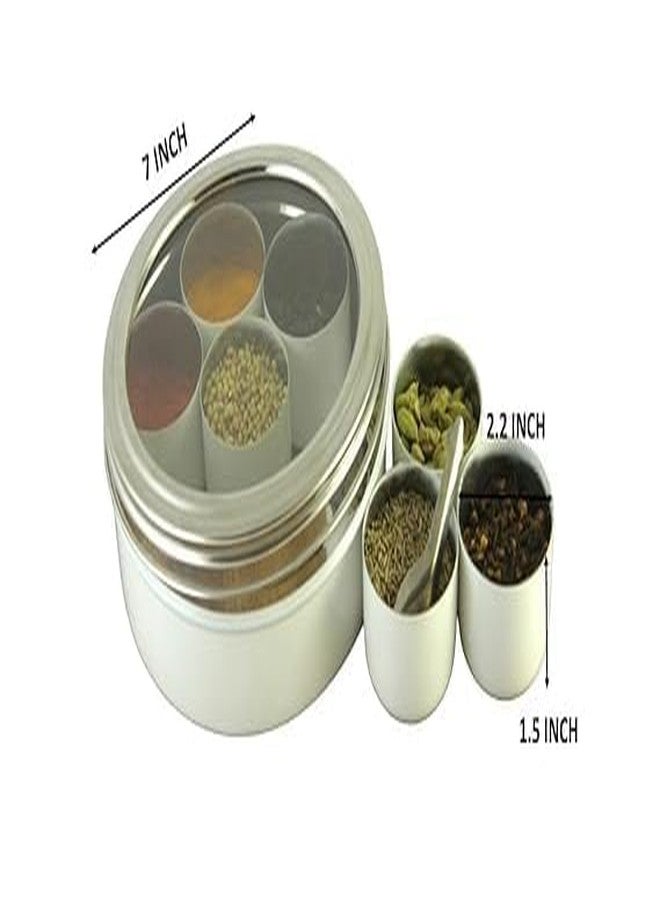 VOMI Stainless Steel Masala Container for Kitchen Storage - Spice Organizer Box/Dabba With 7 Container and Small Spoon (White) - Image 3