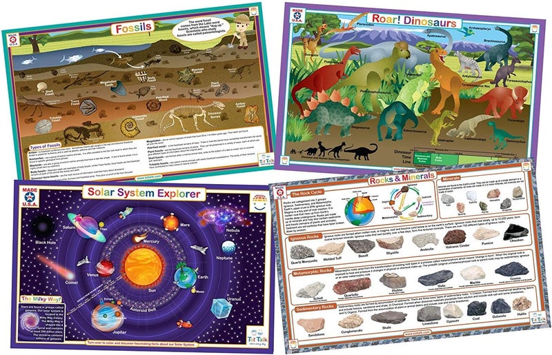 Tot Talk Science Explorer Educational Placemat 4Pack for Kids  Made in USA  Dinosaurs Solar System Rocks  Minerals  Fossils  Durable DoubleSided Waterproof Wipeable Learning Mats - Image 1