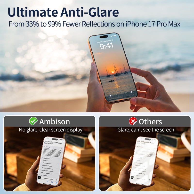 Ambison 2 Pack Matte Screen Protector for iPhone 17 Pro Max 6.9inch 2025, Anti Glare & Anti Fingerprint, No Bubbles, Smooth as Silk, Easy Installation Frame Tempered Glass, Scratch Resistance Military Grade - Image 2