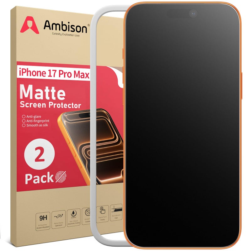 Ambison 2 Pack Matte Screen Protector for iPhone 17 Pro Max 6.9inch 2025, Anti Glare & Anti Fingerprint, No Bubbles, Smooth as Silk, Easy Installation Frame Tempered Glass, Scratch Resistance Military Grade - Image 1