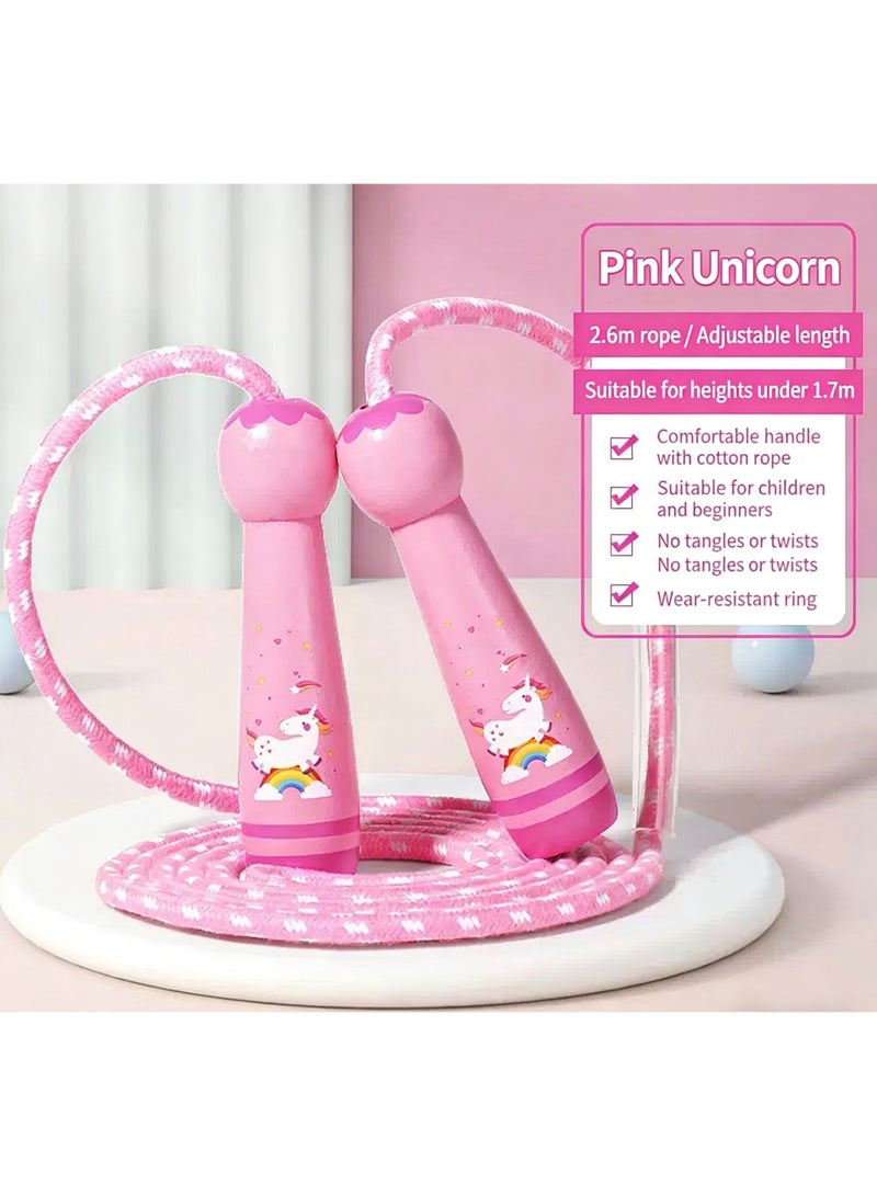 Miamia Jump Rope for Kids - Adjustable Cotton Braided Skipping Rope with Wooden Handle for Girls and Boys Fitness Training, Exercise and Outdoor Activity Pink - Image 2