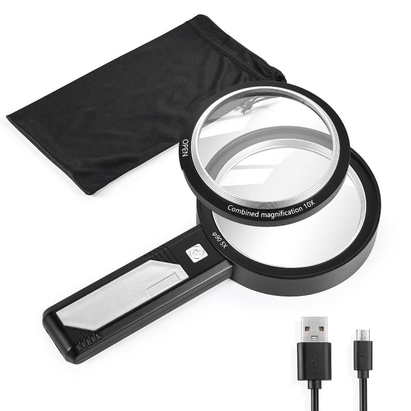 Magnifying Glass with Light USB Rechargeable 5X 10X 15X Handheld Magnifying Glass Double Lens Magnifier 8 Light for Reading Small Prints Seniors Reading Books Map Coins