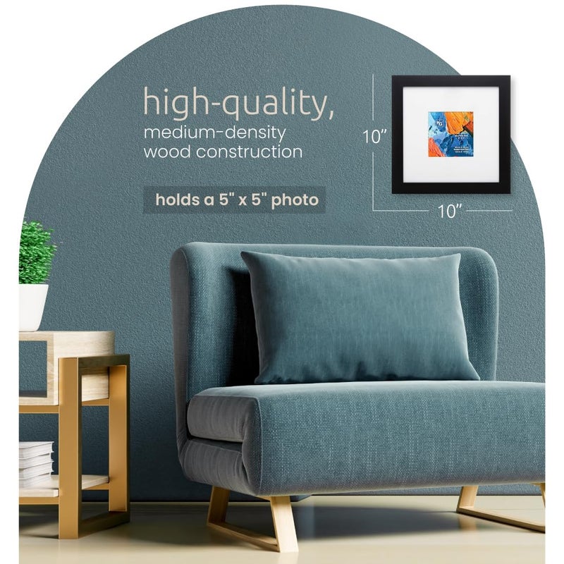 Kiera Grace Matted Classic Langford Picture Frame, Holds a 5" x 5" Photo, 10" x 10" Large Wood Picture Frame for Wall Hanging and Photo Display, Black - Image 2