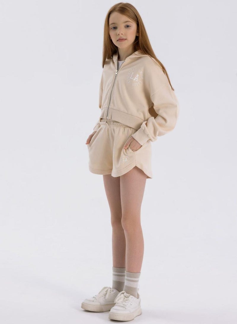 MINOTI Kids Girls Hoodie and Shorts Set with Print and Zip Closure - Image 1