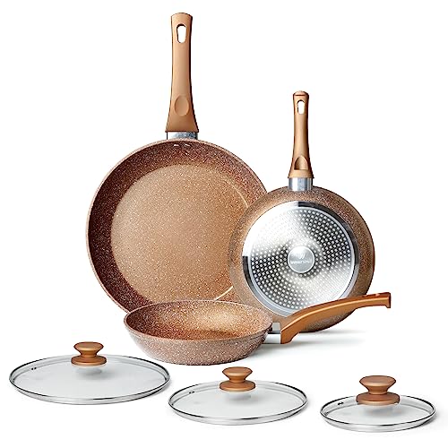 Healthy Nonstick Granite Cookware Set  3 Pcs Induction Skillets With Lids PFOA Free No Toxic Egg Omelette Frying Pan