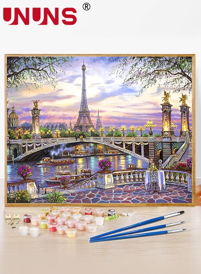UNUNS Paint by Numbers Kit for Adults,DIY Eiffel Tower and Bridge at Sunset Painting on Canvas, Acrylic Paint Set,Suitable for Beginners,Paris Art for Home Decoration Gifts,40x50cm - Image 1