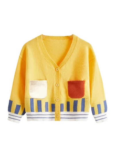 ليتل سربرايز بوكس Kids Yellow Cardigan Sweater V neck with front pockets