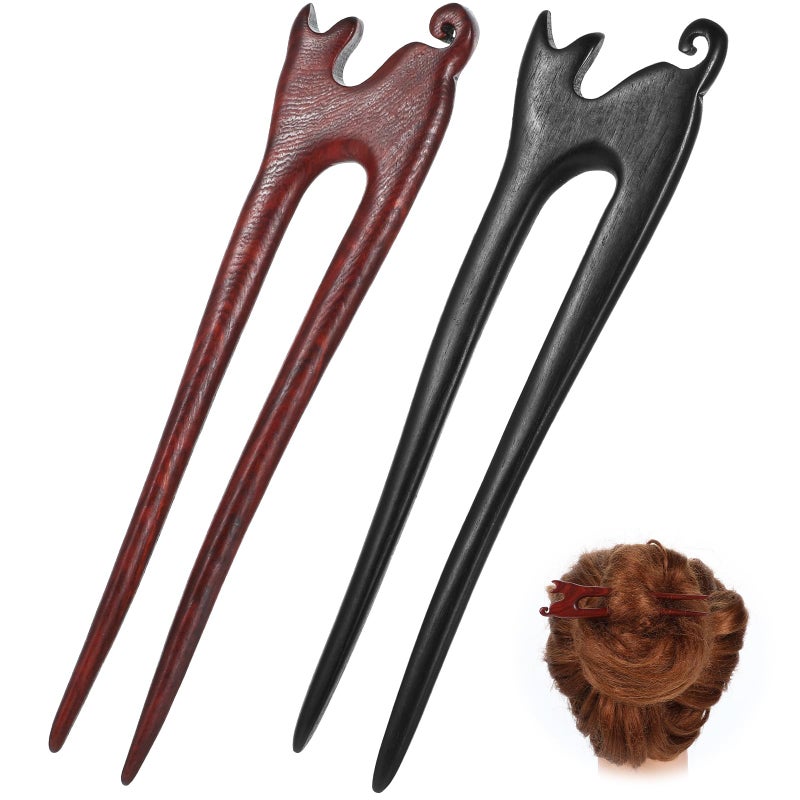 2Pcs U Shape Wooden Hair Sticks Handmade Carved Wood French Hair Forks with Cute Cat Design 2Prong Vintage Wood Hair Pins for Women Girls Chignon Bun Updo Hairstyle Accessories