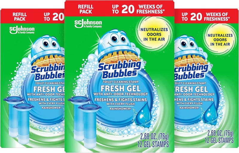 Scrubbing Bubbles Fresh Gel Toilet Cleaning Stamp Refill, Rainshower, 12 Gel Stamps, Pack of 3 (36 Stamps Total) - Image 1