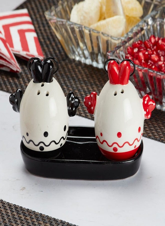 Kookee Ceramic Salt and Pepper Shakers Set with Tray – Elegant Namak Dani, Spice Sprinkler & Dispenser for Dining Table, Kitchen & Restaurant Use, Egg Design, Black Red (8571) - Image 4