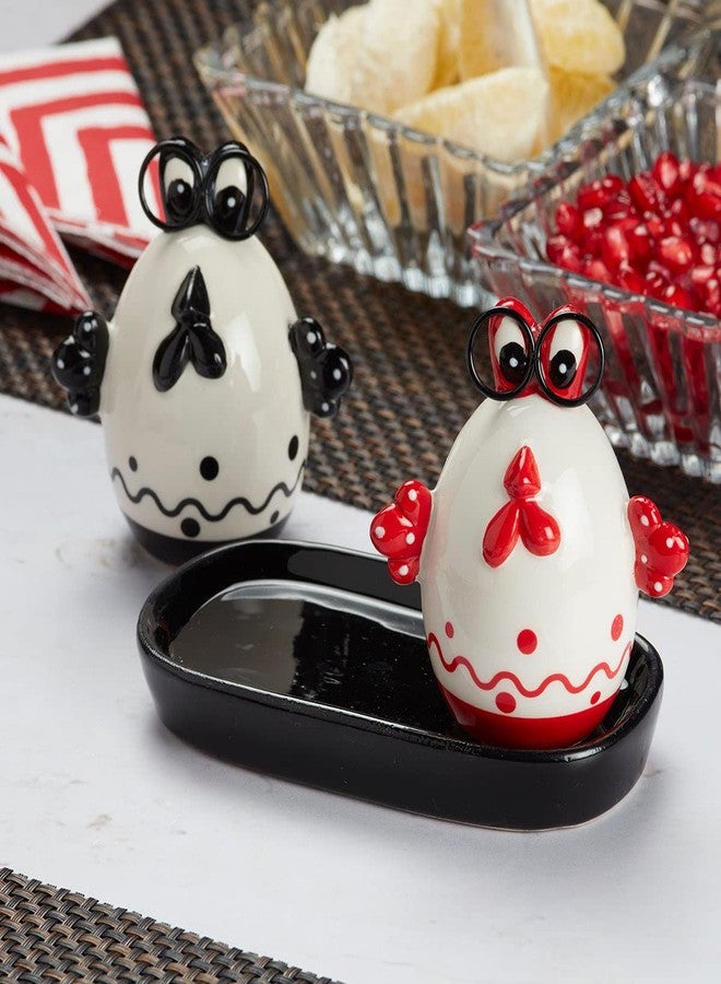 Kookee Ceramic Salt and Pepper Shakers Set with Tray – Elegant Namak Dani, Spice Sprinkler & Dispenser for Dining Table, Kitchen & Restaurant Use, Egg Design, Black Red (8571) - Image 2