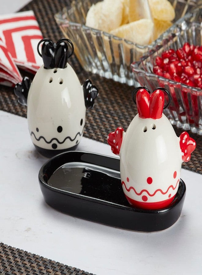 Kookee Ceramic Salt and Pepper Shakers Set with Tray – Elegant Namak Dani, Spice Sprinkler & Dispenser for Dining Table, Kitchen & Restaurant Use, Egg Design, Black Red (8571) - Image 3