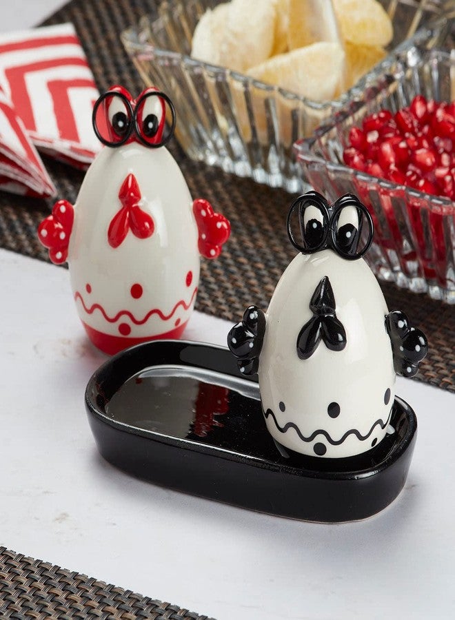 Kookee Ceramic Salt and Pepper Shakers Set with Tray – Elegant Namak Dani, Spice Sprinkler & Dispenser for Dining Table, Kitchen & Restaurant Use, Egg Design, Black Red (8571) - Image 1