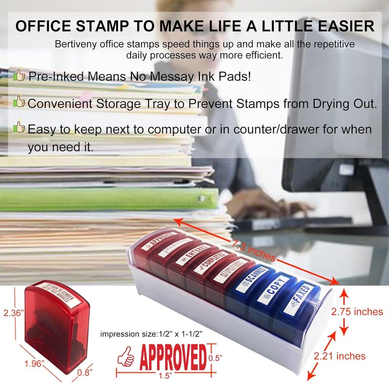 Bertiveny Self Inking Office Stamp Set for Approved Paid Completed Copy Faxed Scanned Stamps, Rubber Business Stamp 8 PCS with Plastic Tray Message Account Stamp Paper Work Text Ink Stampers - Image 2