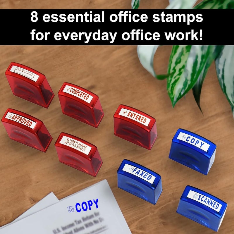 Bertiveny Self Inking Office Stamp Set for Approved Paid Completed Copy Faxed Scanned Stamps, Rubber Business Stamp 8 PCS with Plastic Tray Message Account Stamp Paper Work Text Ink Stampers - Image 3