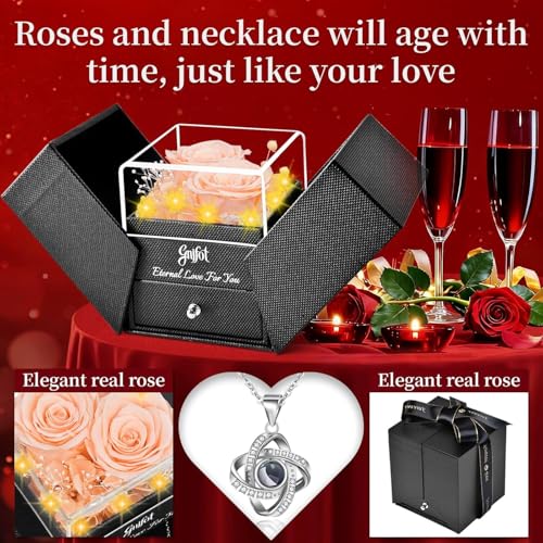 Gnifot Preserved Red Champagne Real Rose with I Love You in 100 Languages Necklace,Eternal Flowers Gifts for Women Wife Girlfriend Mom Grandma on Birthday Anniversary Valentines Mothers Day Christmas - Image 5
