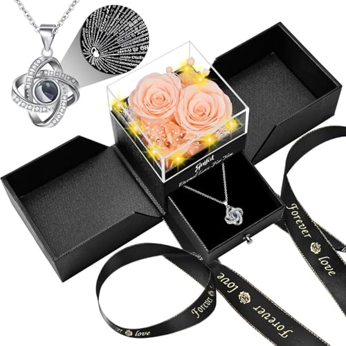Gnifot Preserved Red Champagne Real Rose with I Love You in 100 Languages Necklace,Eternal Flowers Gifts for Women Wife Girlfriend Mom Grandma on Birthday Anniversary Valentines Mothers Day Christmas - Image 1