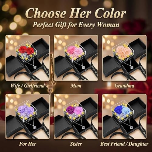 Gnifot Preserved Red Champagne Real Rose with I Love You in 100 Languages Necklace,Eternal Flowers Gifts for Women Wife Girlfriend Mom Grandma on Birthday Anniversary Valentines Mothers Day Christmas - Image 4