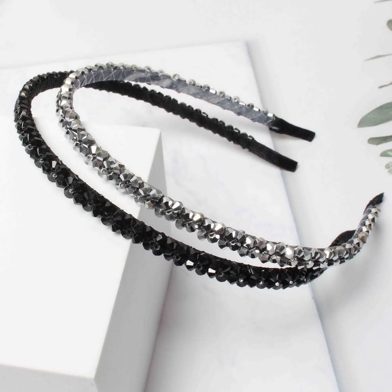 Cuizhiyu 4 PK Crystal Rhinestone Headbands for Women Girls Double Rows Sparkly Beaded Hair Hoops Clear Black Weave Narrow Hair Bands Hair Accessories (Color A) - Image 3