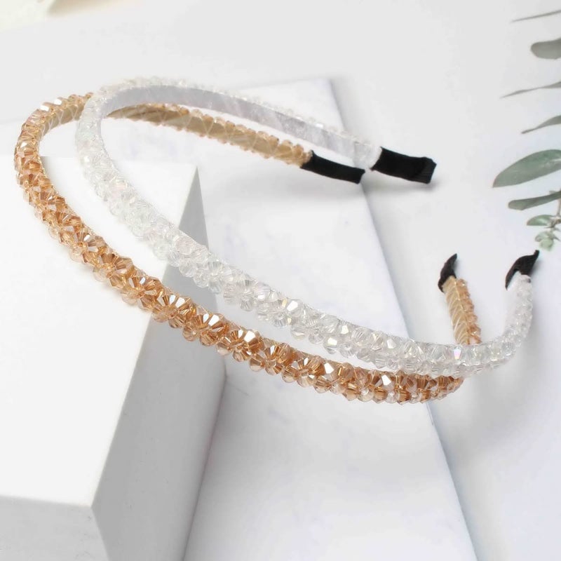 Cuizhiyu 4 PK Crystal Rhinestone Headbands for Women Girls Double Rows Sparkly Beaded Hair Hoops Clear Black Weave Narrow Hair Bands Hair Accessories (Color A) - Image 2