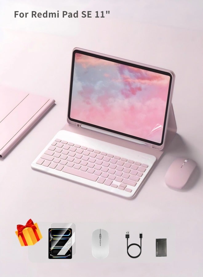 Keyboard Case For Redmi Pad SE 11 Inch, Detachable Bluetooth Keyboard Case Fully Wrapped /Anti-Fall /Leather Shockproof /Triangle Bracket, /Built-In Pen Slot / Flip-Top Smart Wake-Up/Off - AED 49 Gift Set Screen Protector-Pink - Image 1