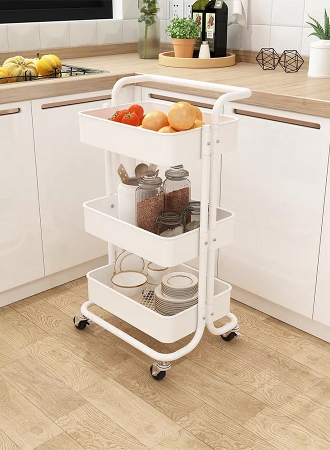 كادي ون عربة تخزين و تنظيم دوارة من 3 طبقات بمقبض معدني لون أبيض، منظم عربة تخزين بعجلات متعددة الأغراض قابلة للقفل - Image 1