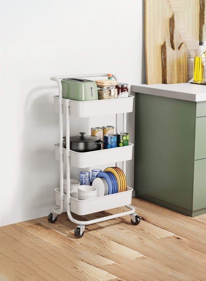 كادي ون عربة تخزين و تنظيم دوارة من 3 طبقات بمقبض معدني لون أبيض، منظم عربة تخزين بعجلات متعددة الأغراض قابلة للقفل - Image 2