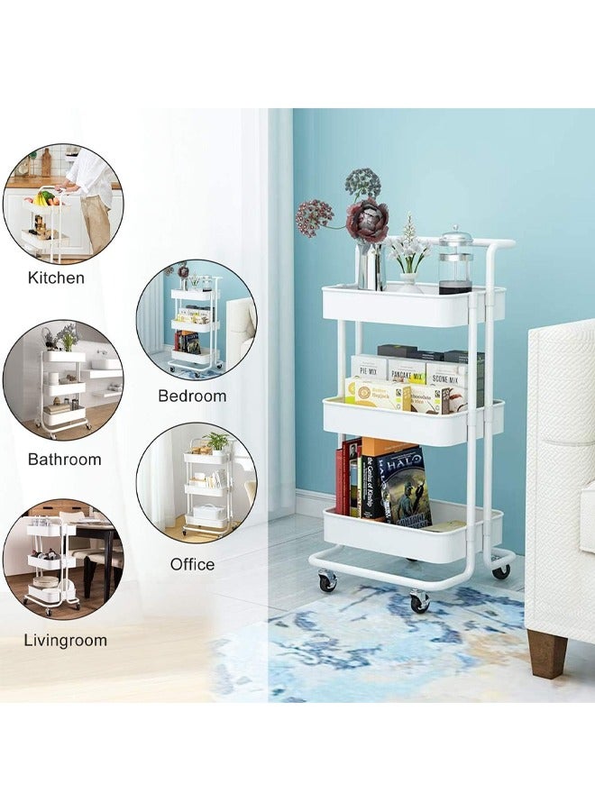 كادي ون عربة تخزين و تنظيم دوارة من 3 طبقات بمقبض معدني لون أبيض، منظم عربة تخزين بعجلات متعددة الأغراض قابلة للقفل - Image 4