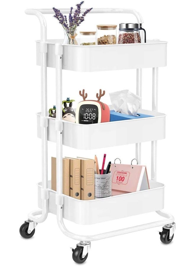 كادي ون عربة تخزين و تنظيم دوارة من 3 طبقات بمقبض معدني لون أبيض، منظم عربة تخزين بعجلات متعددة الأغراض قابلة للقفل - Image 3