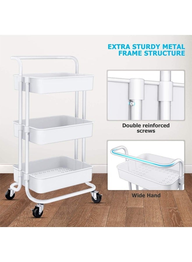 كادي ون عربة تخزين و تنظيم دوارة من 3 طبقات بمقبض معدني لون أبيض، منظم عربة تخزين بعجلات متعددة الأغراض قابلة للقفل - Image 5