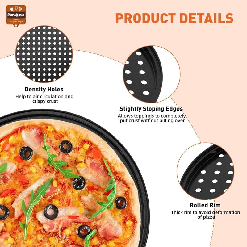 PureBake صينية بيتزا 11 بوصة مع ثقوب - صينية بيتزا غير لاصقة للفرن - صواني خبز بيتزا دائرية من الفولاذ الكربوني المثقوب، أدوات خبز البيتزا للمنازل والمطاعم والمطابخ، سوداء - Image 3