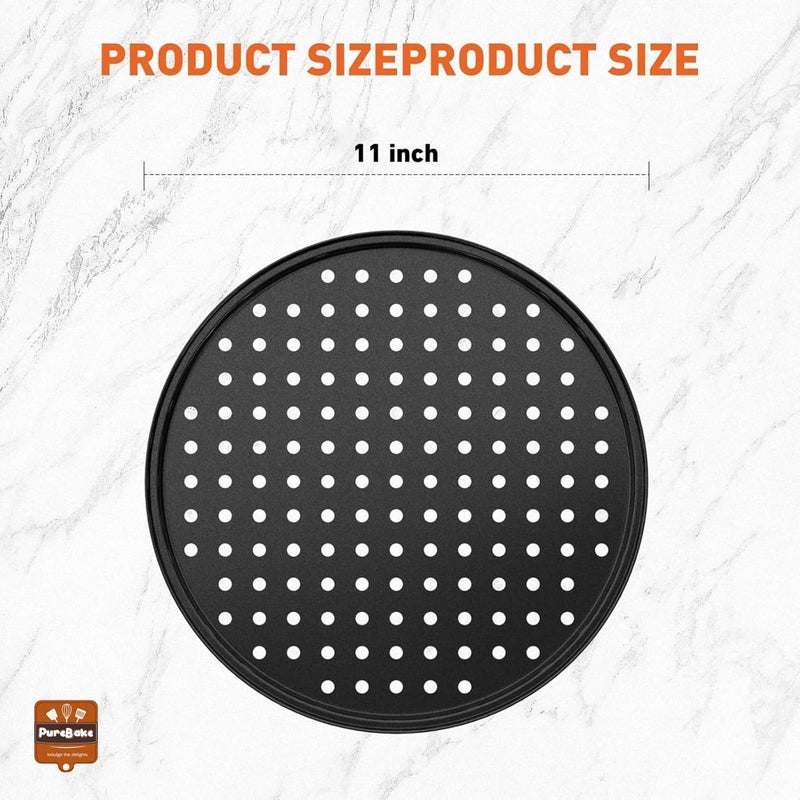 PureBake صينية بيتزا 11 بوصة مع ثقوب - صينية بيتزا غير لاصقة للفرن - صواني خبز بيتزا دائرية من الفولاذ الكربوني المثقوب، أدوات خبز البيتزا للمنازل والمطاعم والمطابخ، سوداء - Image 2