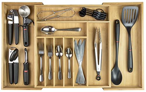 KitchenEdge Premium Silverware Flatware and Utensil Organizer for Kitchen Drawers FoodSafe Contract Grade Expandable from 16 to 28 In Natural Bamboo