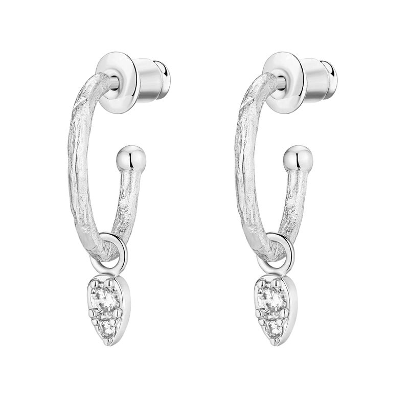 PAVOI Rhodium Plated 925 Sterling Silver Post Dangle Huggie Hoop Earrings For Women - Trendy Tear Drop Shaped Cubic Zirconia Open Hoop Earrings - Small Hinged Hammered Huggies - Image 3