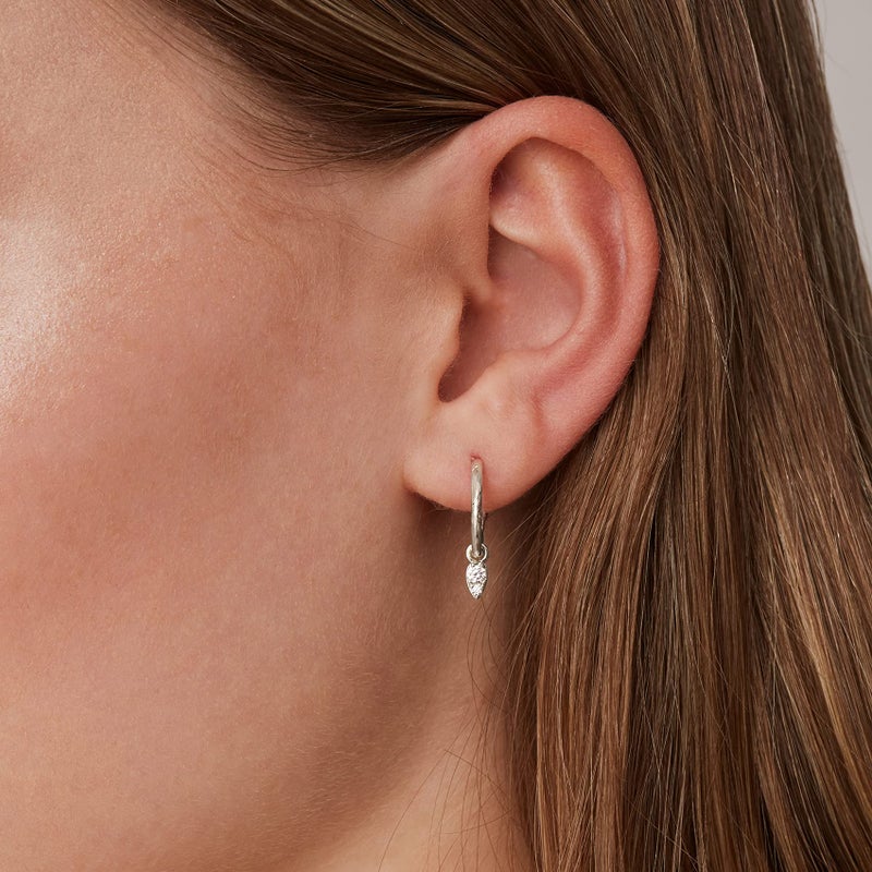 PAVOI Rhodium Plated 925 Sterling Silver Post Dangle Huggie Hoop Earrings For Women - Trendy Tear Drop Shaped Cubic Zirconia Open Hoop Earrings - Small Hinged Hammered Huggies - Image 2