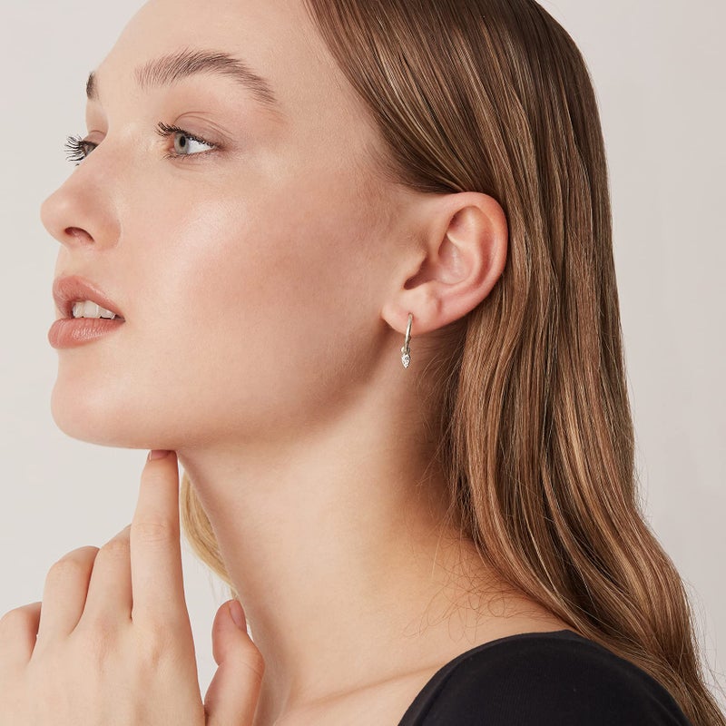 PAVOI Rhodium Plated 925 Sterling Silver Post Dangle Huggie Hoop Earrings For Women - Trendy Tear Drop Shaped Cubic Zirconia Open Hoop Earrings - Small Hinged Hammered Huggies - Image 4