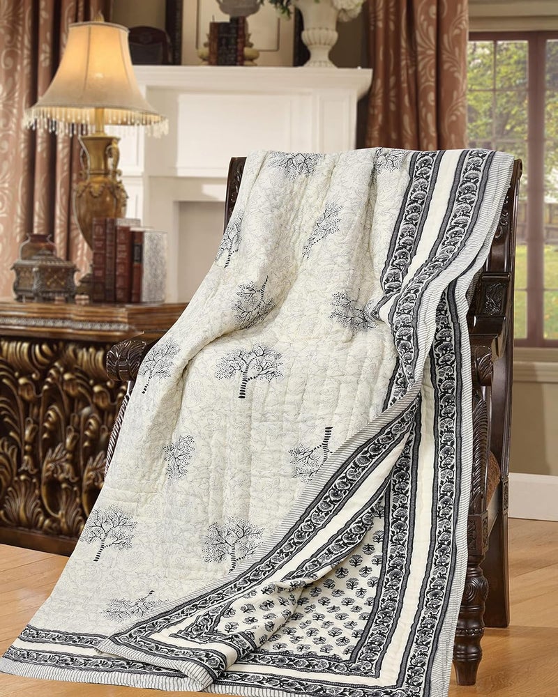 BLOCKS OF INDIA Hand Block Printed Cotton King Size QuiltRajai 90 Inch X 108 Inch Grey Tree Skin Friendly - Image 3