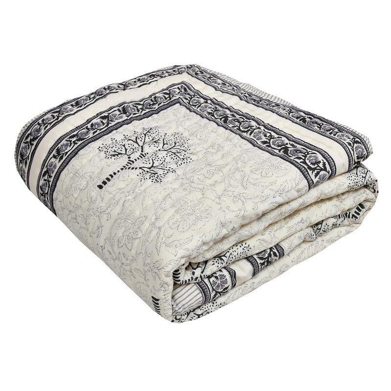 BLOCKS OF INDIA Hand Block Printed Cotton King Size QuiltRajai 90 Inch X 108 Inch Grey Tree Skin Friendly - Image 4