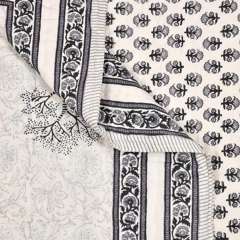 BLOCKS OF INDIA Hand Block Printed Cotton King Size QuiltRajai 90 Inch X 108 Inch Grey Tree Skin Friendly - Image 5