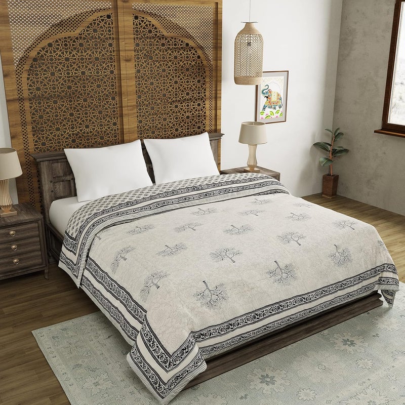 BLOCKS OF INDIA Hand Block Printed Cotton King Size QuiltRajai 90 Inch X 108 Inch Grey Tree Skin Friendly - Image 1