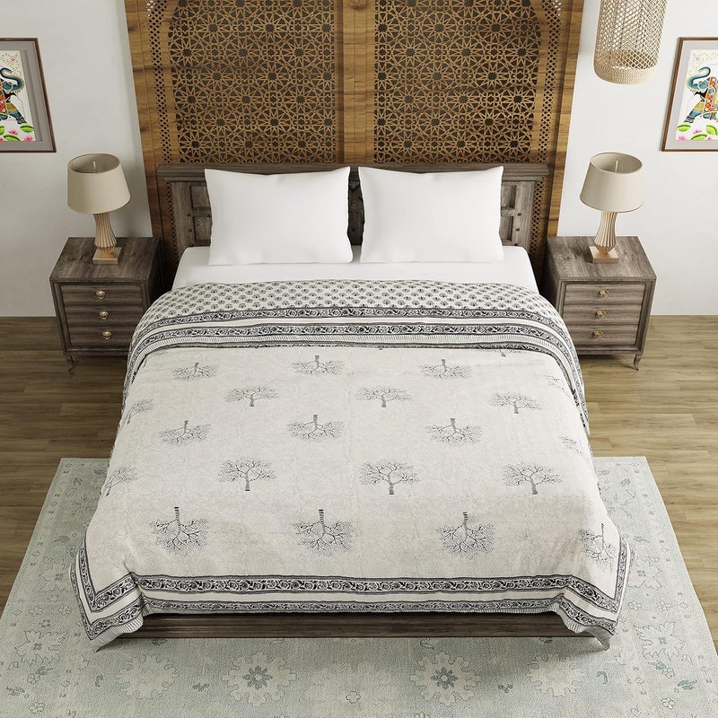 BLOCKS OF INDIA Hand Block Printed Cotton King Size QuiltRajai 90 Inch X 108 Inch Grey Tree Skin Friendly - Image 2