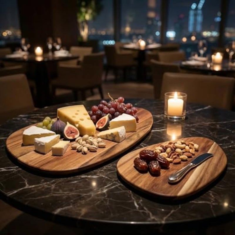 Acacia wood serving board set for cheese, bread, mezze, Arabic coffee dates natural color, large 43 x 27 cm small 30 x 19 cm rectangular platters - Image 5