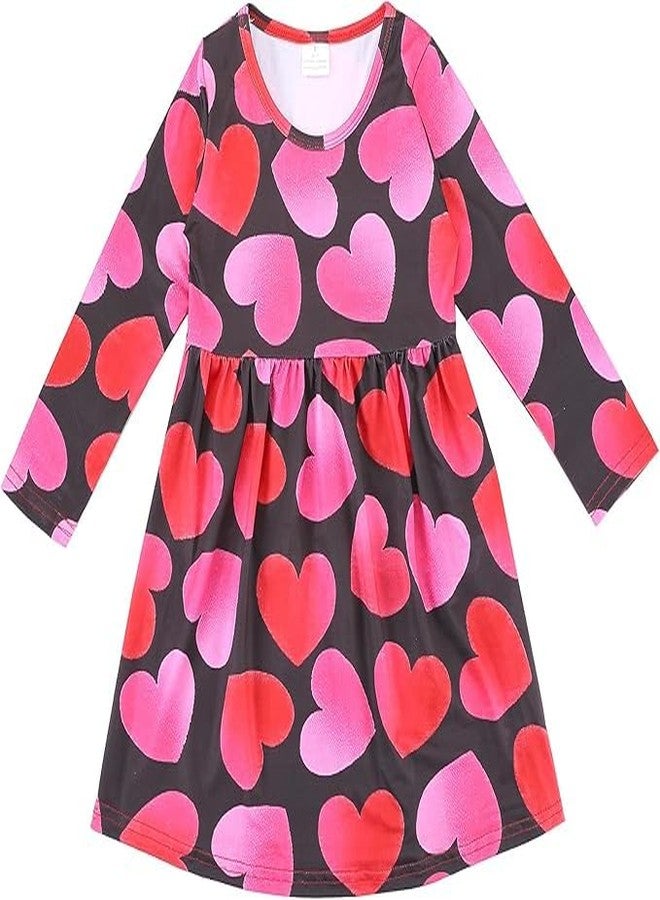 DACSOIT Valentines Toddler Girl Dress Love Hearts Print Ruffle Bottom Long Sleeve Casual Dress 3-8Y, Sweet, 6-7 Years - Image 2
