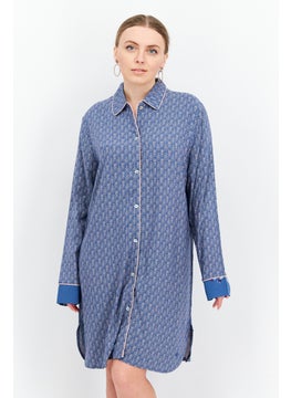 Women Spread Neck Long Sleeves Allover Print Night Dress, Blue Combo