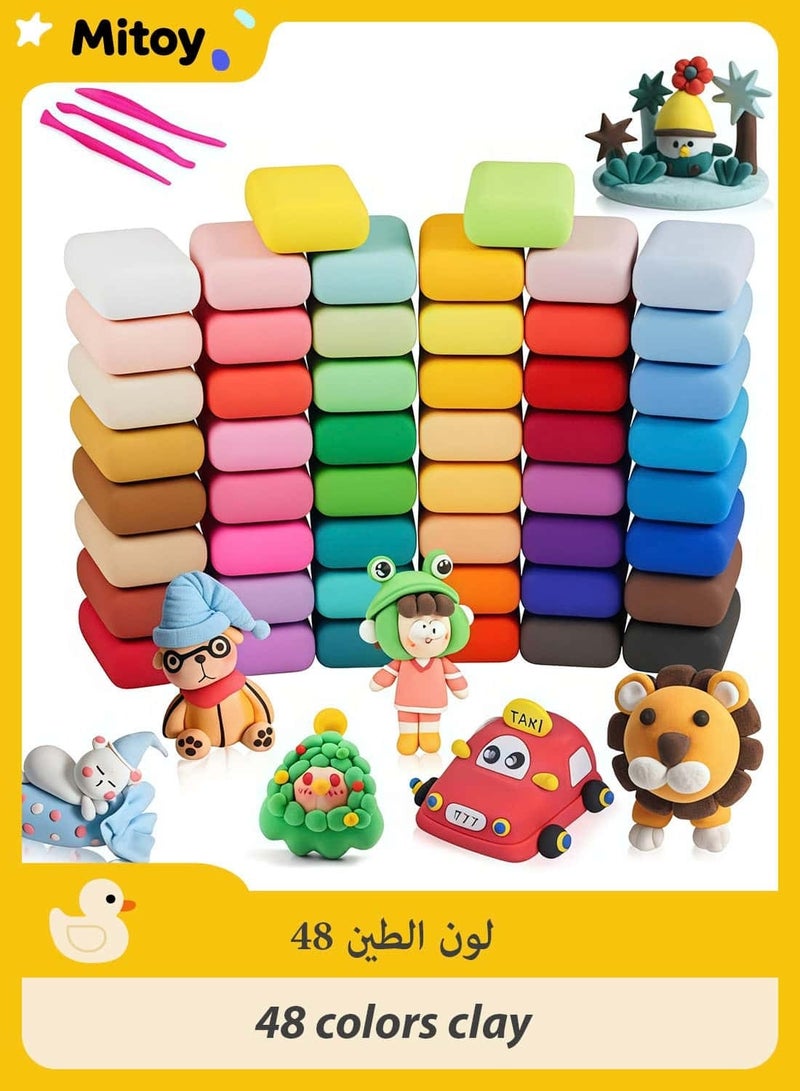 ميتوي طين جاف بالهواء، 48 لونًا من البلاستيسين، مجموعة طين للنحت مع 3 أدوات نحت، بلاستيسين DIY لتعليم الأطفال - Image 1