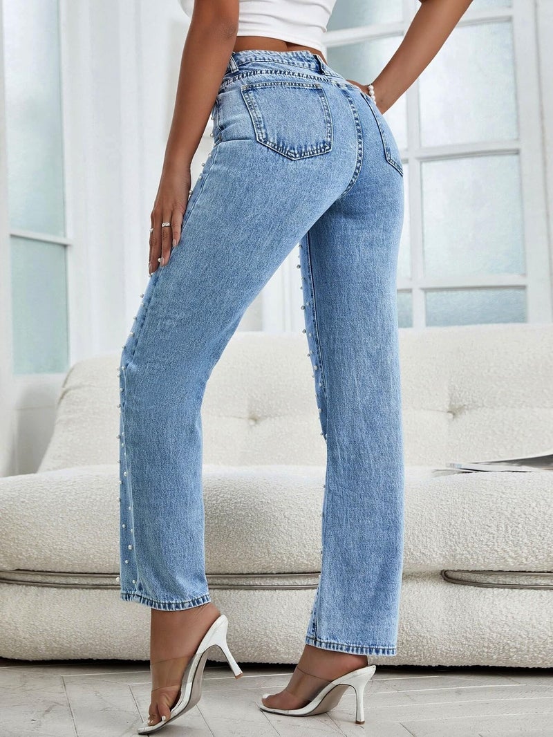 Kedera Women Pearl Baggy Jeans Loose Fit Casual Rhinestone Jeans Straight Leg Stretchy Denim Jeans Mid Blue - Image 2