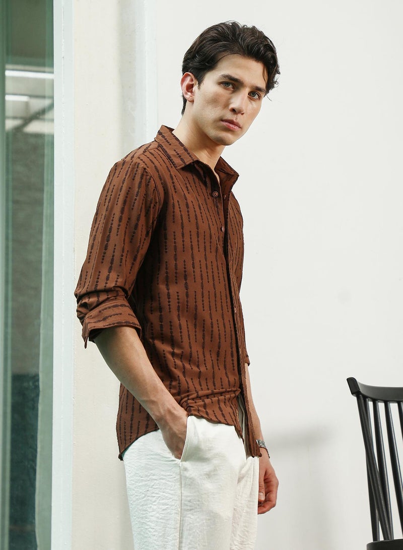 Campus Sutra Men's Brown Linear Pattern Full Sleeve Shirt  - Image 3