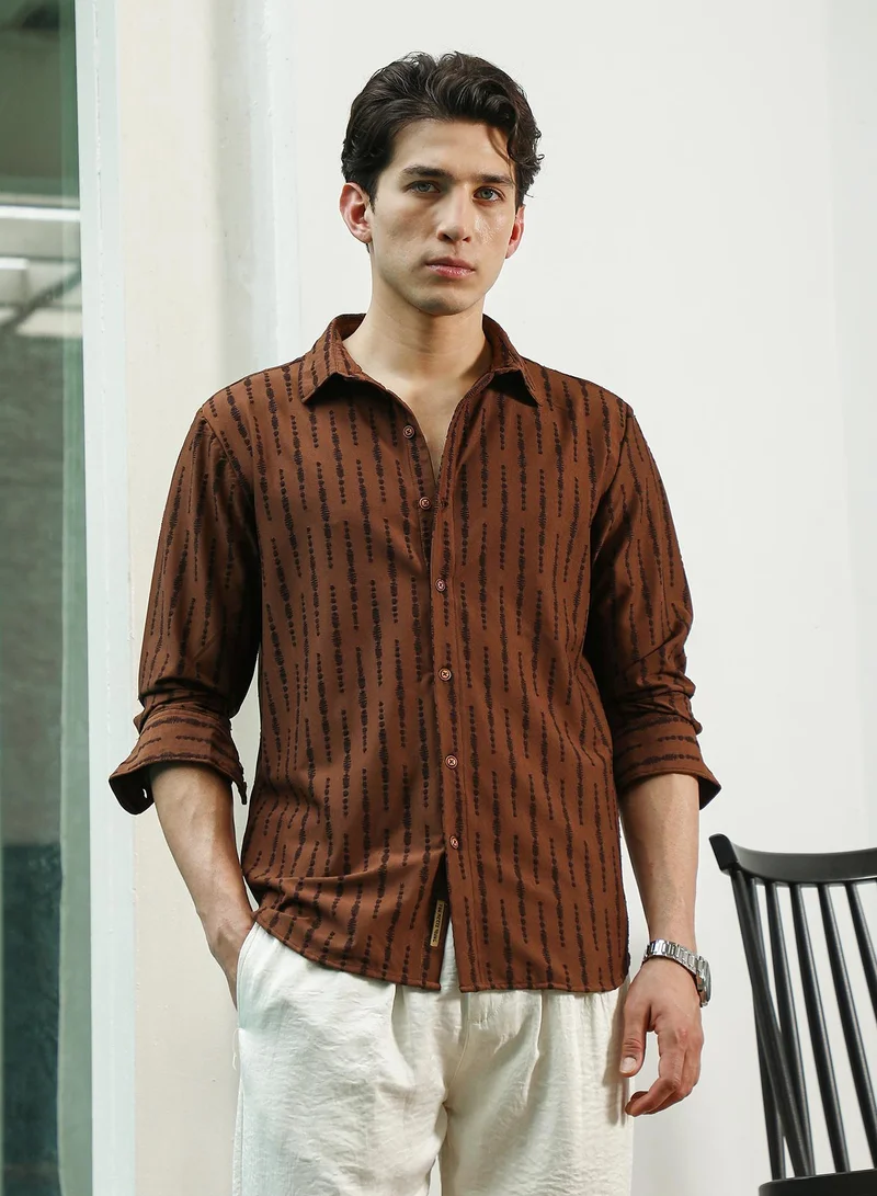 كامبوس سوترا Men's Brown Linear Pattern Full Sleeve Shirt