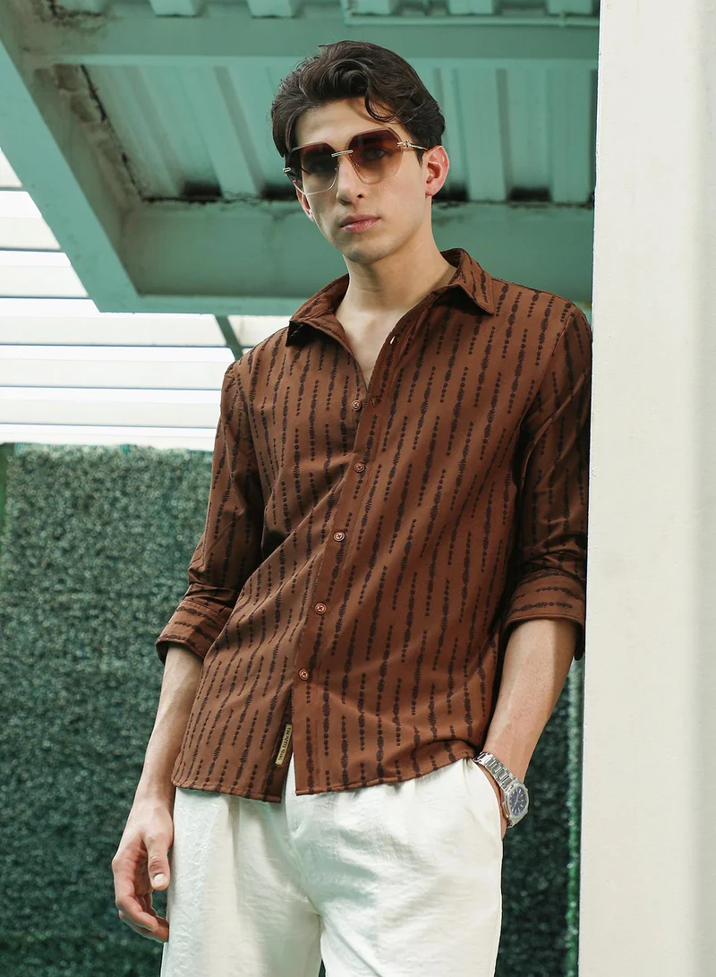 كامبوس سوترا Men's Brown Linear Pattern Full Sleeve Shirt